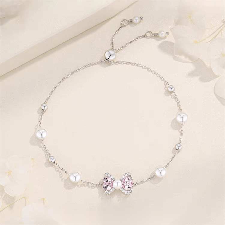 Pink Crystal Bowknot Pearl Chain Bracelet - ArtGalleryZen