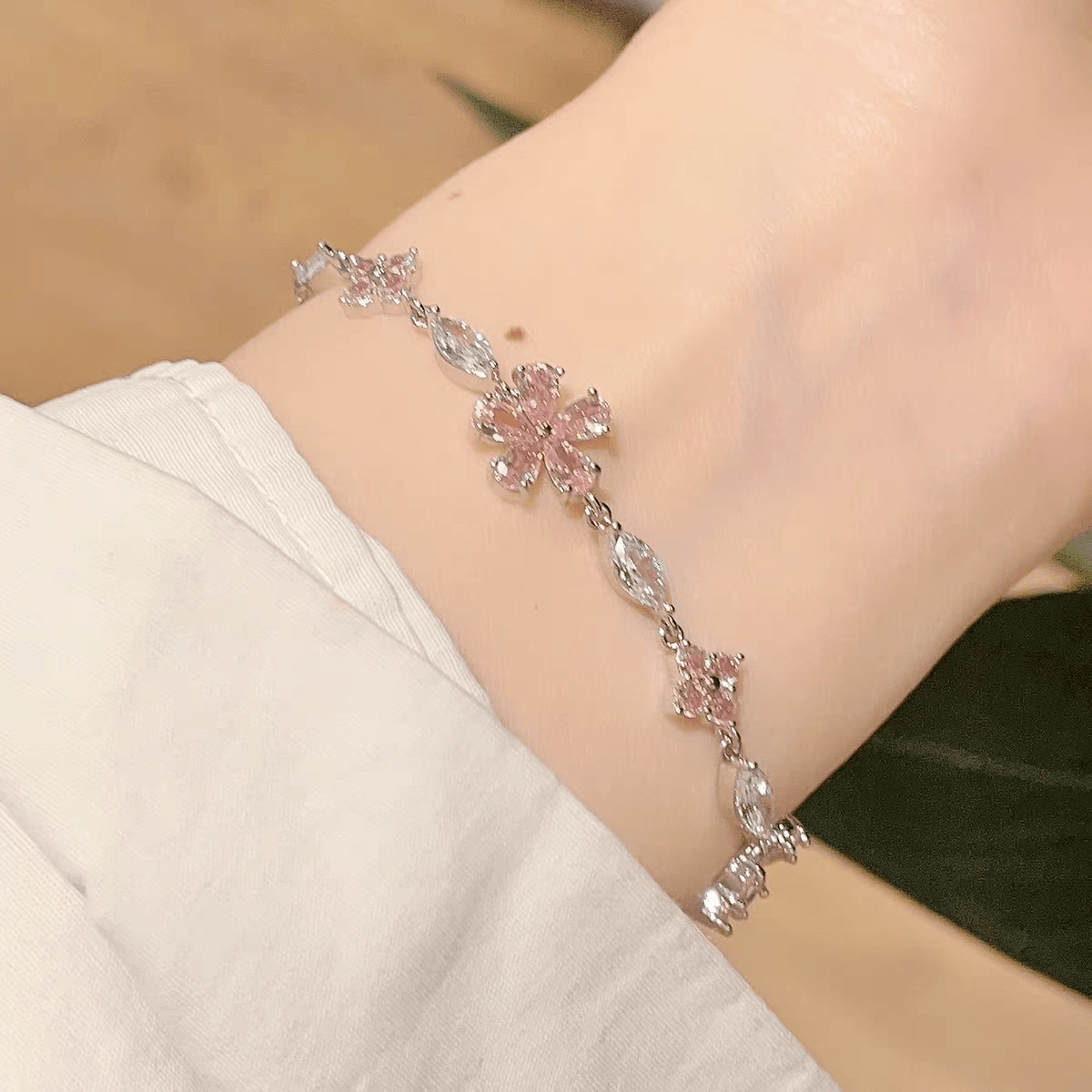 Pink Crystal Cherry Blossom Bracelet - ArtGalleryZen