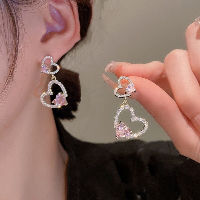 Pink Crystal Dangle Heart Earrings - ArtGalleryZen