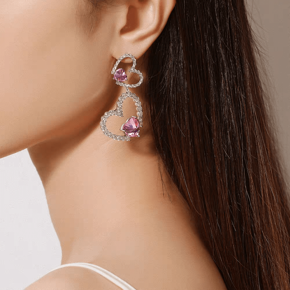 Pink Crystal Dangle Heart Earrings - ArtGalleryZen