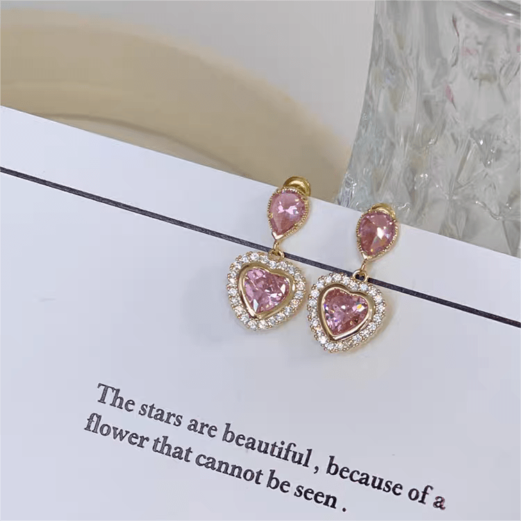 Pink Crystal Dangling Heart Earrings - ArtGalleryZen