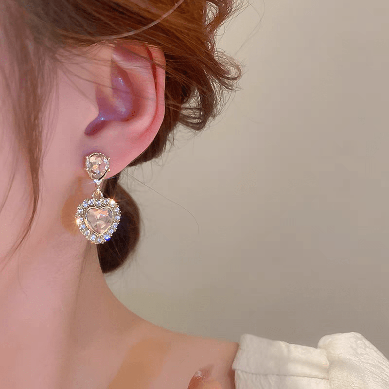 Pink Crystal Dangling Heart Earrings - ArtGalleryZen