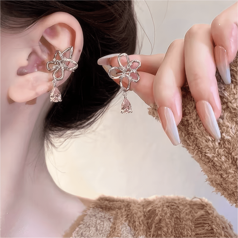 Pink Crystal Floral Dangle Ear Cuff Earrings - ArtGalleryZen