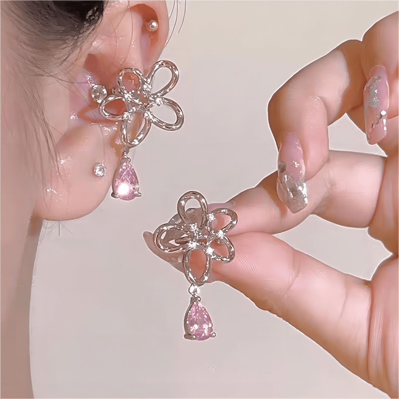 Pink Crystal Floral Dangle Ear Cuff Earrings - ArtGalleryZen
