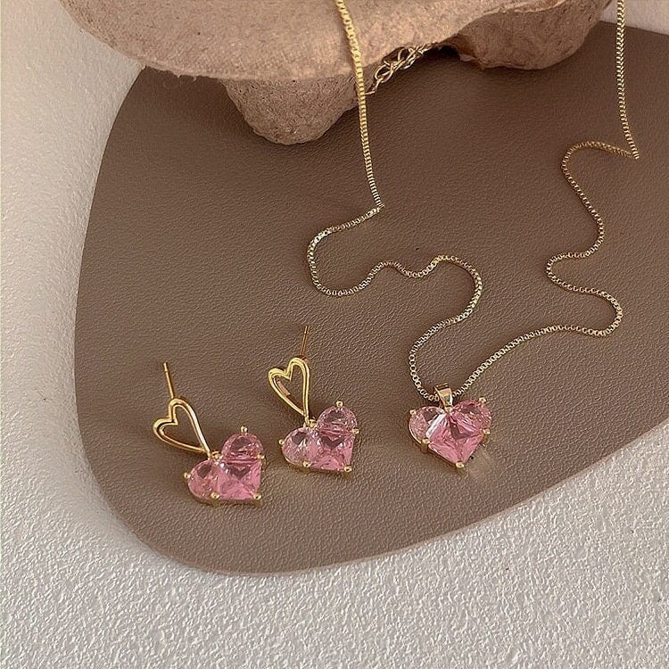 Dainty Pink Rhinestone Heart Pendant Chain Necklace Dangle Earrings Set - ArtGalleryZen