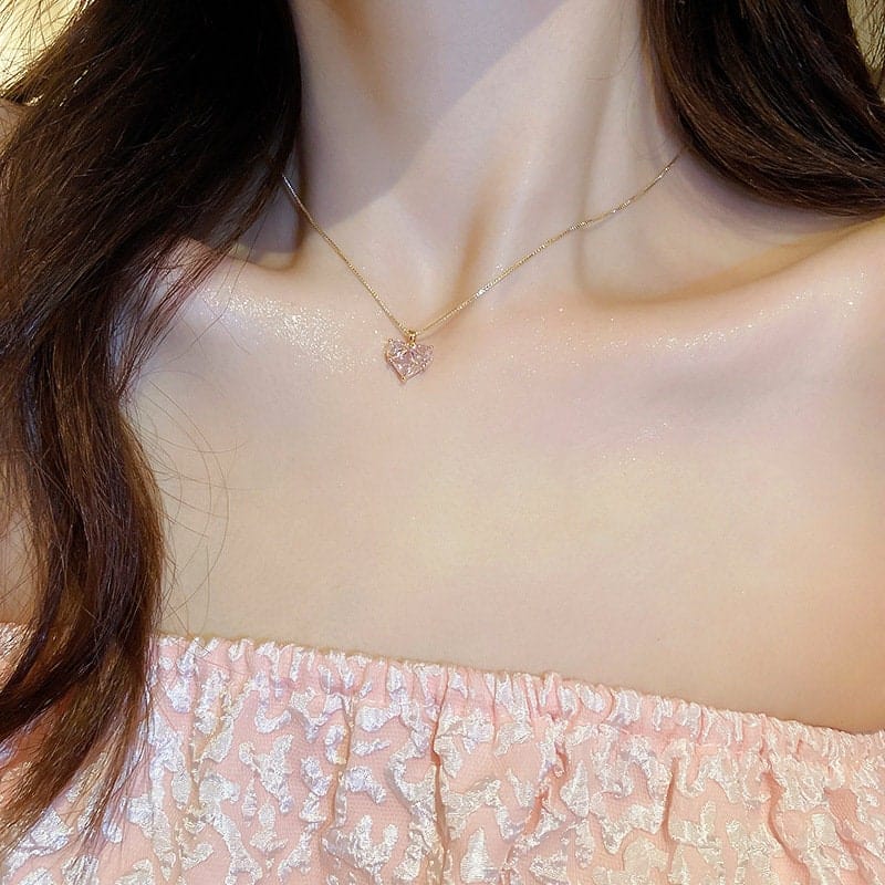 Dainty Pink Rhinestone Heart Pendant Chain Necklace Dangle Earrings Set - ArtGalleryZen
