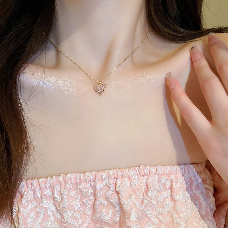 Dainty Pink Rhinestone Heart Pendant Chain Necklace Dangle Earrings Set - ArtGalleryZen
