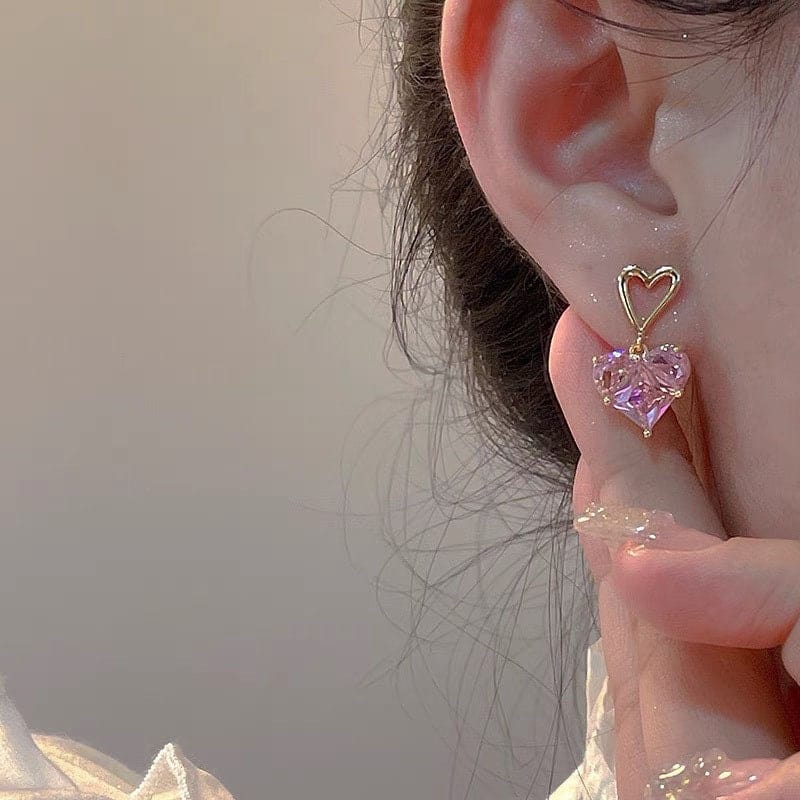 Dainty Pink Rhinestone Heart Pendant Chain Necklace Dangle Earrings Set - ArtGalleryZen