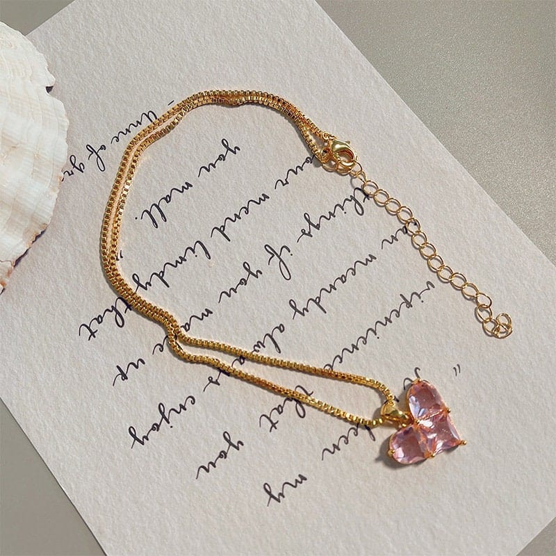 Dainty Pink Rhinestone Heart Pendant Chain Necklace Dangle Earrings Set - ArtGalleryZen