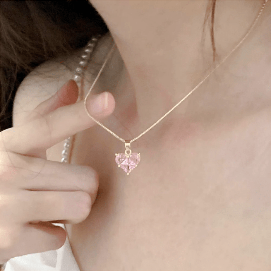 Pink Crystal Heart Pendant Necklace Earrings Set - ArtGalleryZen
