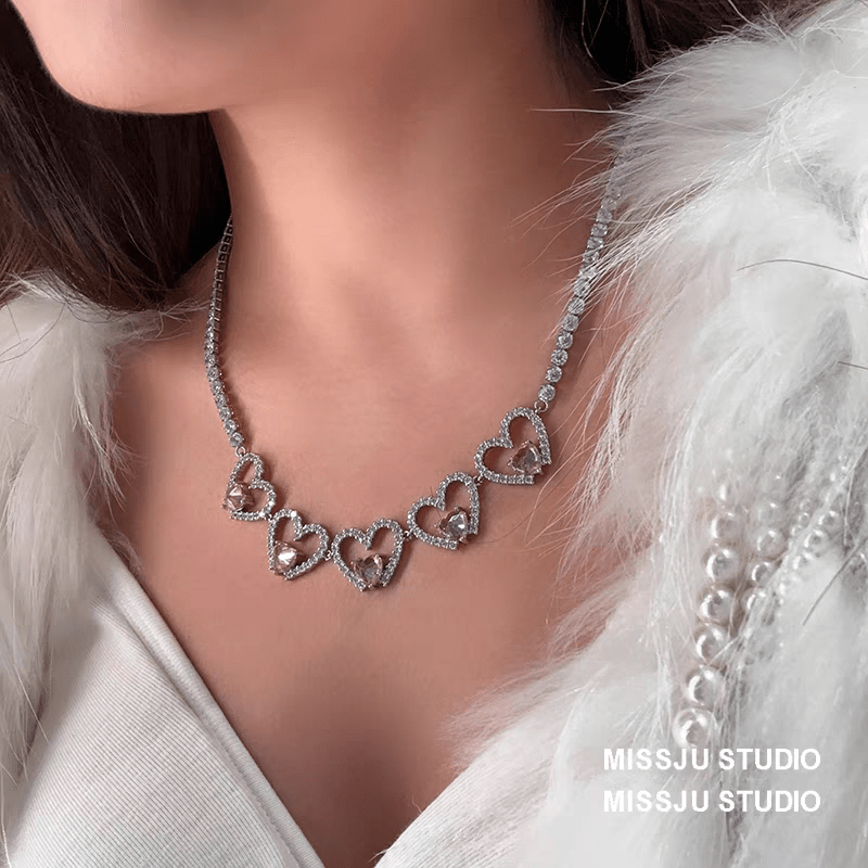 Pink Crystal Hollow Heart Necklace - ArtGalleryZen