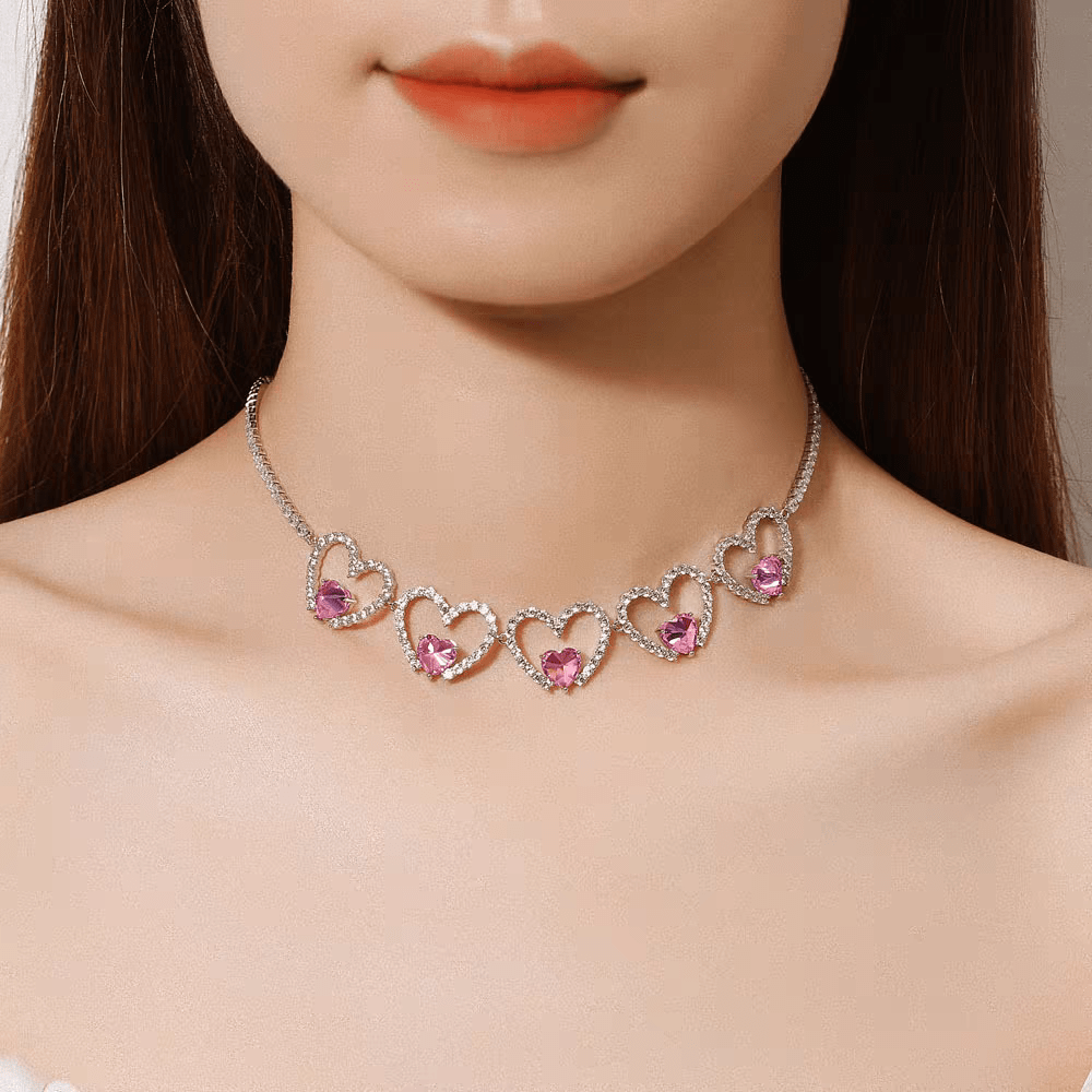 Pink Crystal Hollow Heart Necklace - ArtGalleryZen