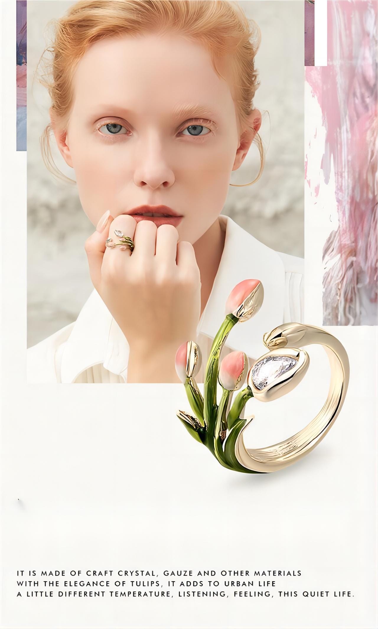Pink Crystal Inlaid Enamel Tulip Ring - ArtGalleryZen
