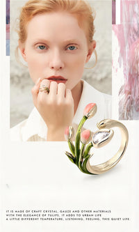Thumbnail for Pink Crystal Inlaid Enamel Tulip Ring - ArtGalleryZen