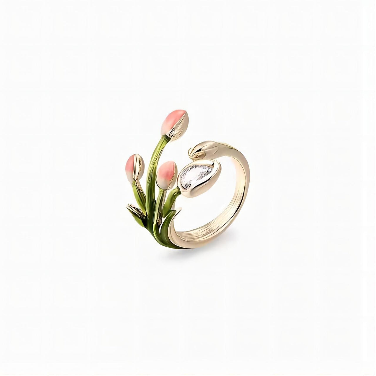 Pink Crystal Inlaid Enamel Tulip Ring - ArtGalleryZen