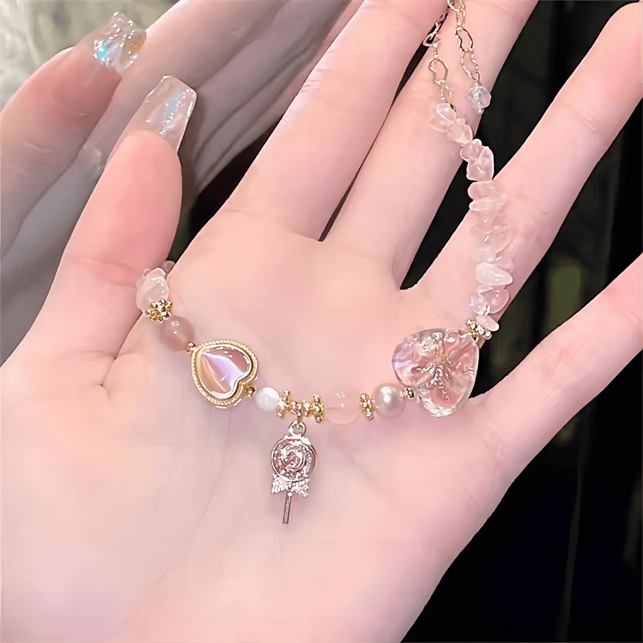 Pink Crystal Lollipop Opal Heart Bracelet - ArtGalleryZen