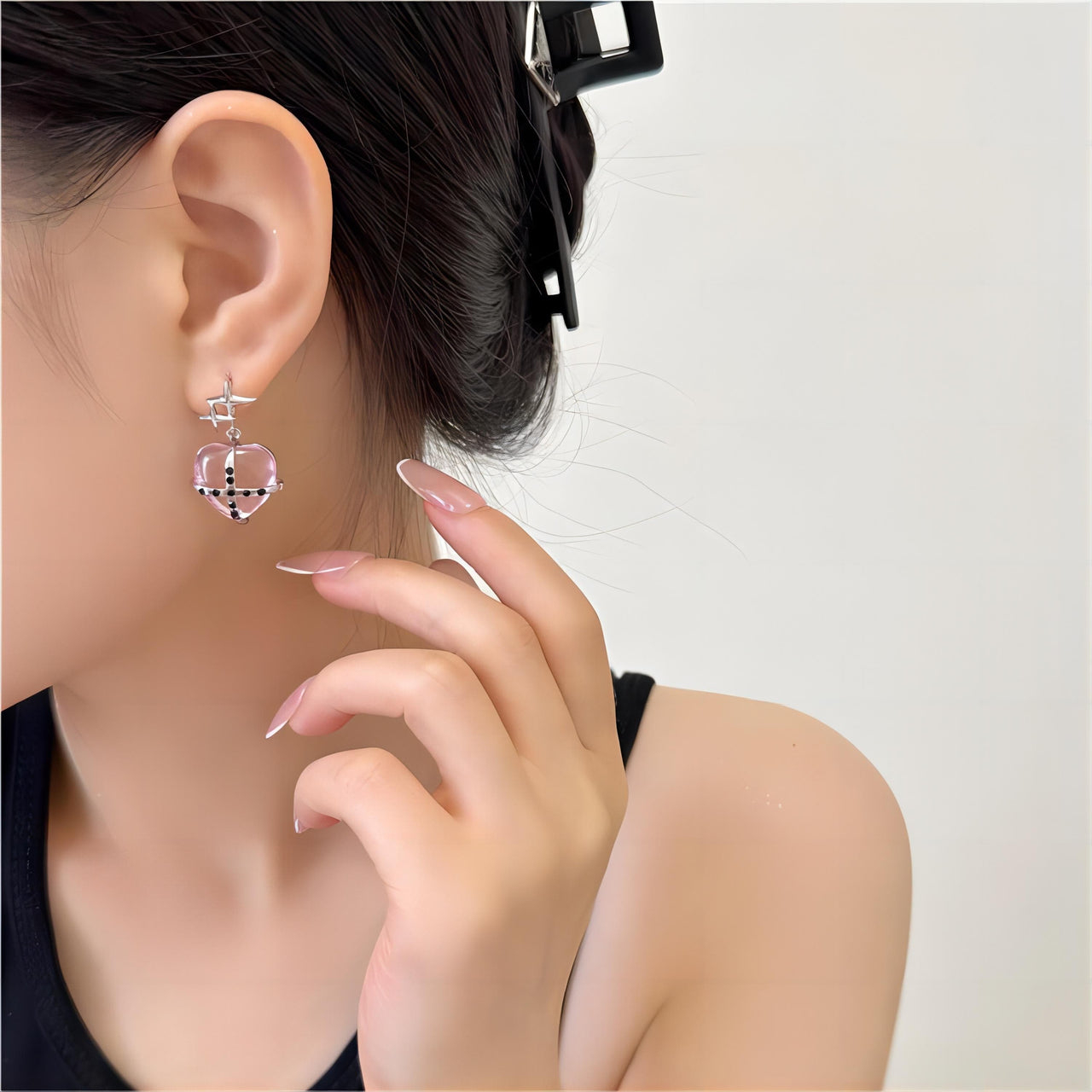 Pink Crystal Star Heart Dangle Earrings - ArtGalleryZen