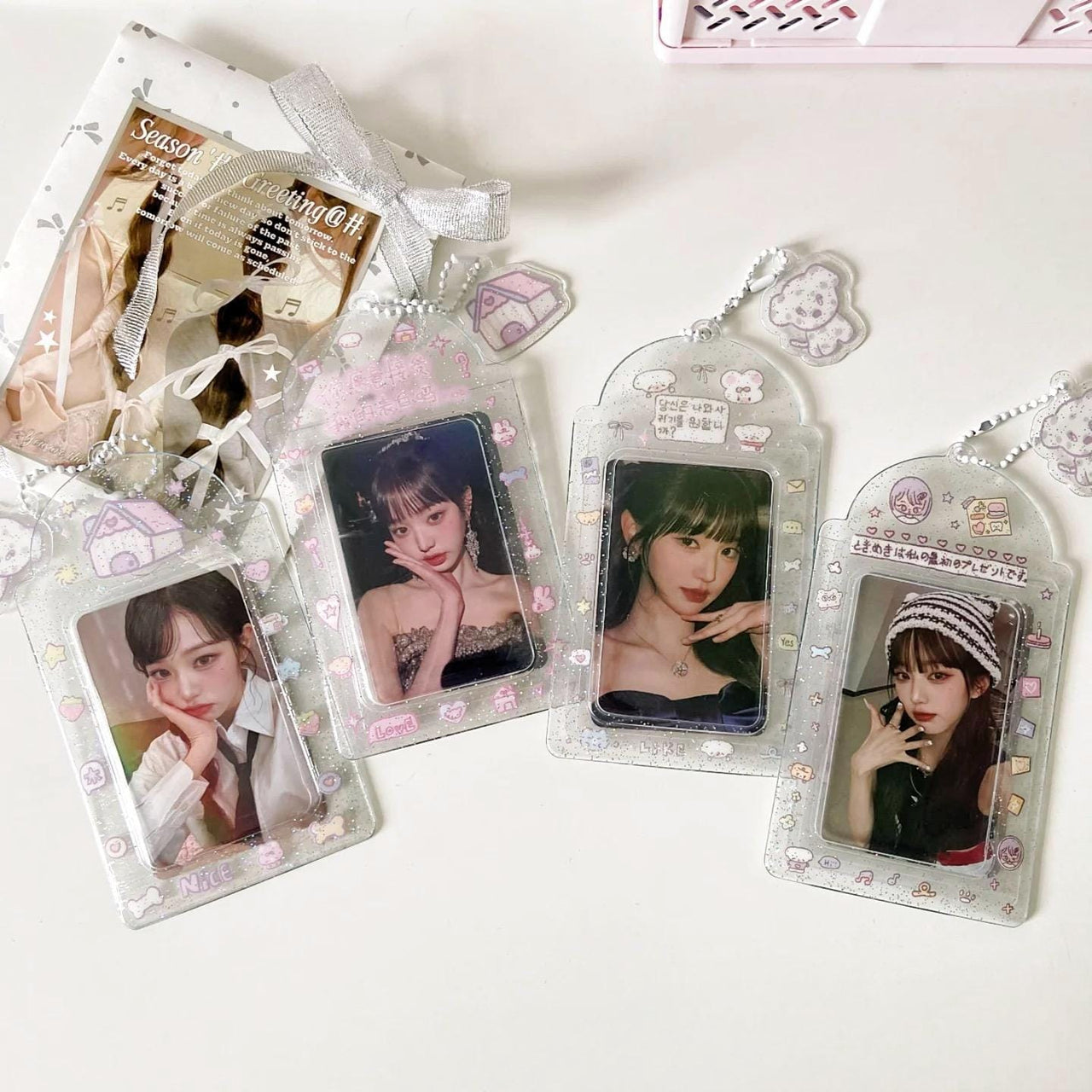 Pink Heart House Transparent Glitter Kpop Keychain Photocard Holder - ArtGalleryZen