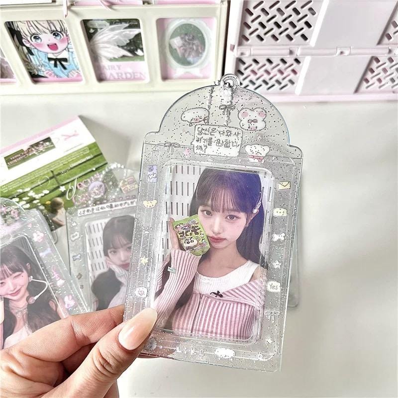 Pink Heart House Transparent Glitter Kpop Keychain Photocard Holder - ArtGalleryZen
