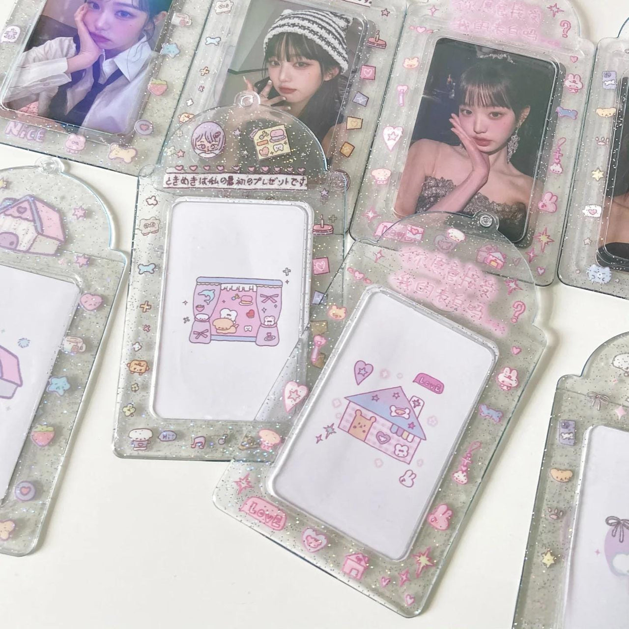 Pink Heart House Transparent Glitter Kpop Keychain Photocard Holder - ArtGalleryZen