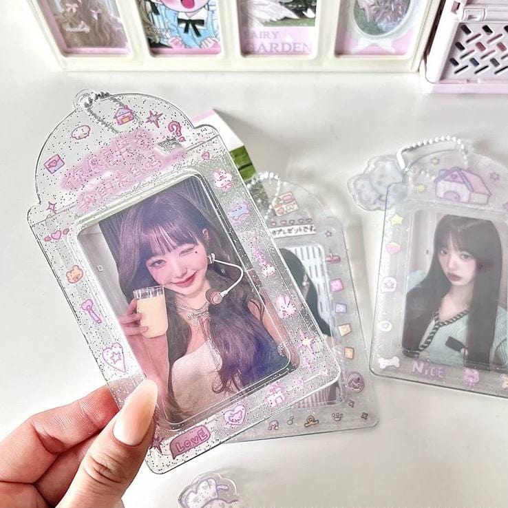Pink Heart House Transparent Glitter Kpop Keychain Photocard Holder - ArtGalleryZen