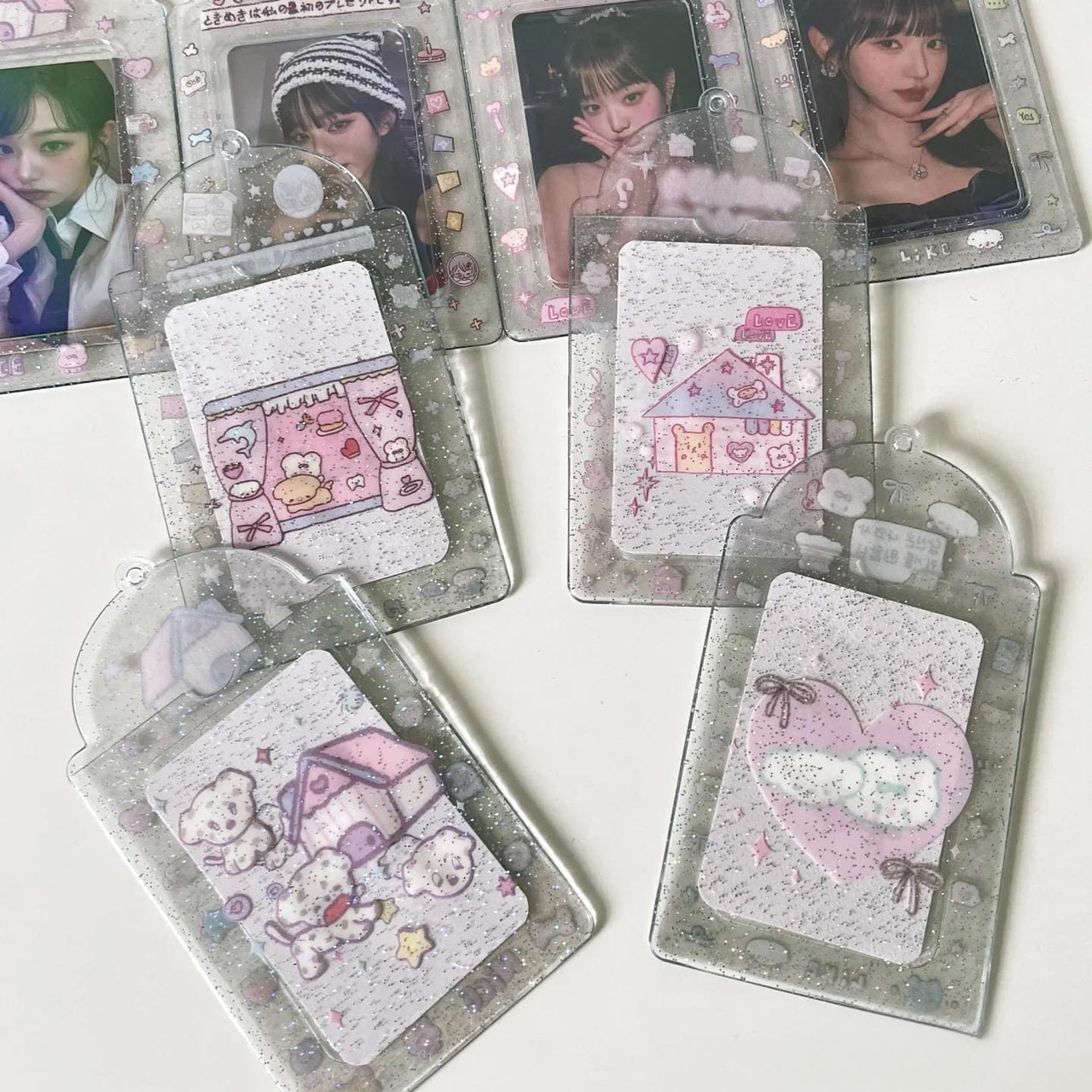 Pink Heart House Transparent Glitter Kpop Keychain Photocard Holder - ArtGalleryZen