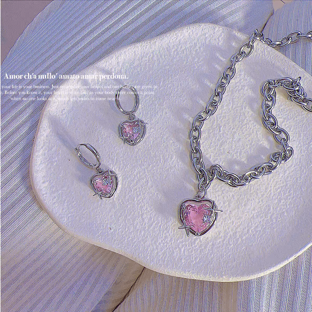 Pink Heart Star Necklace Earrings Set - ArtGalleryZen