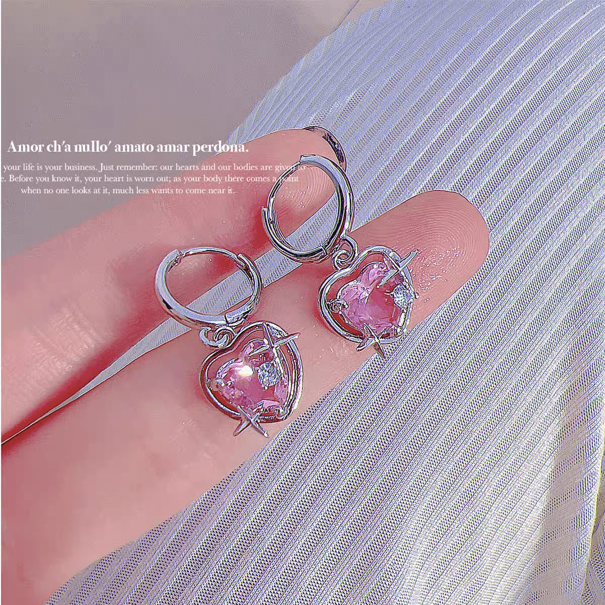 Pink Heart Star Necklace Earrings Set - ArtGalleryZen