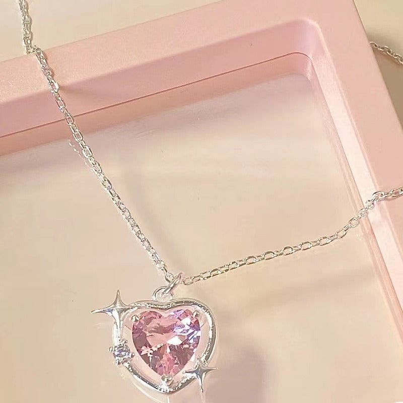 Pink Heart Star Necklace Earrings Set - ArtGalleryZen