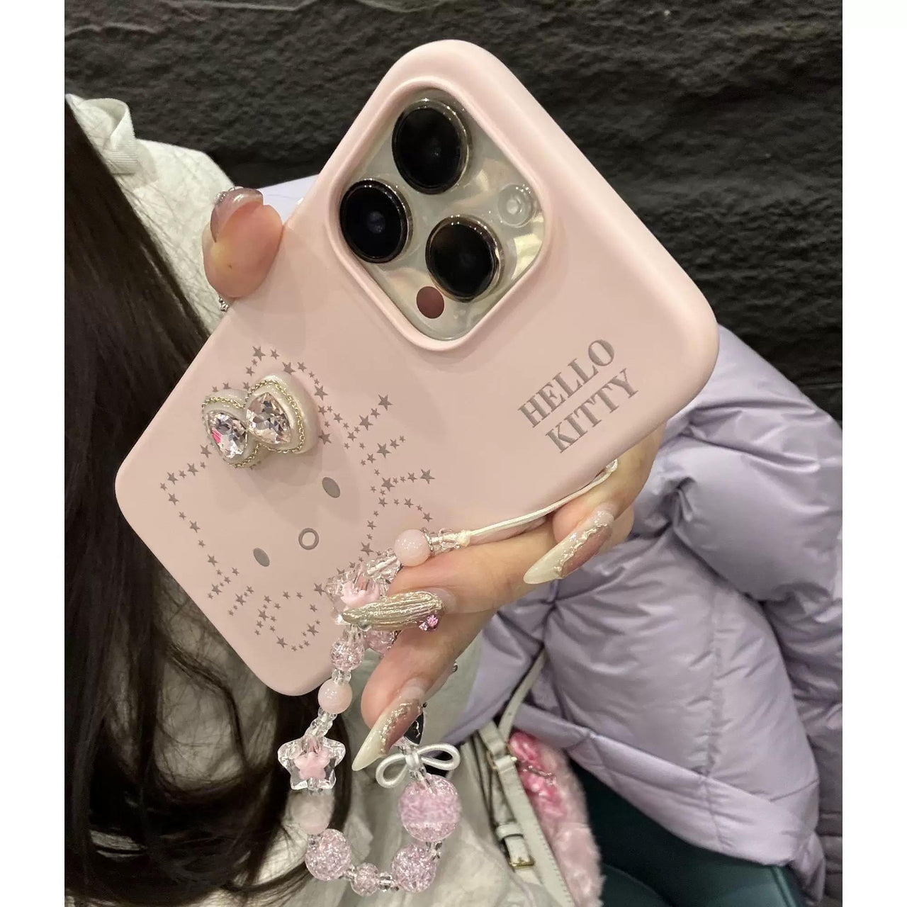 Pink Hello Kitty Rhinestone Bowknot iPhone Case With Crystal Chain - ArtGalleryZen