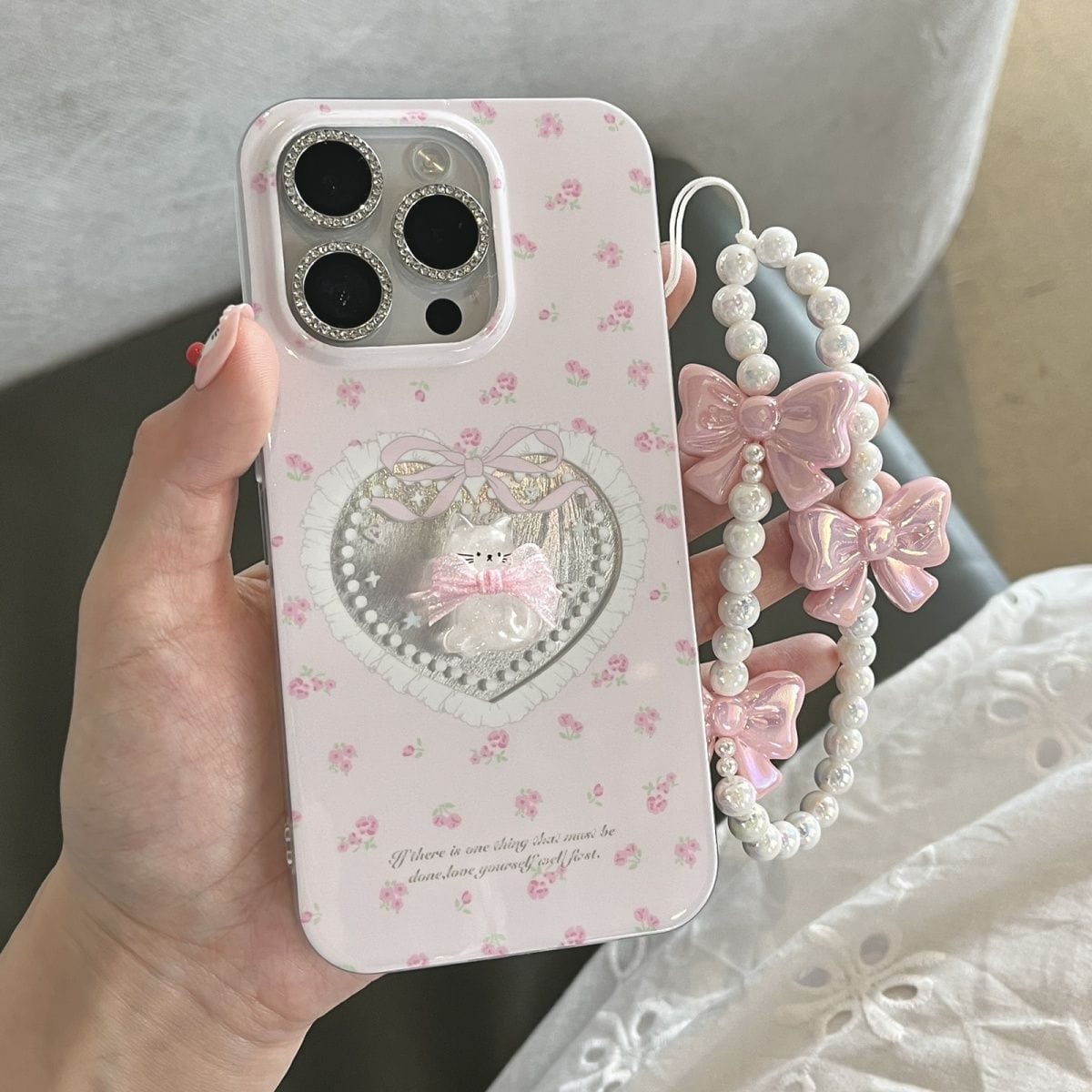 Pink Kitty Heart Bowknot Phone Charm iPhone Case - ArtGalleryZen