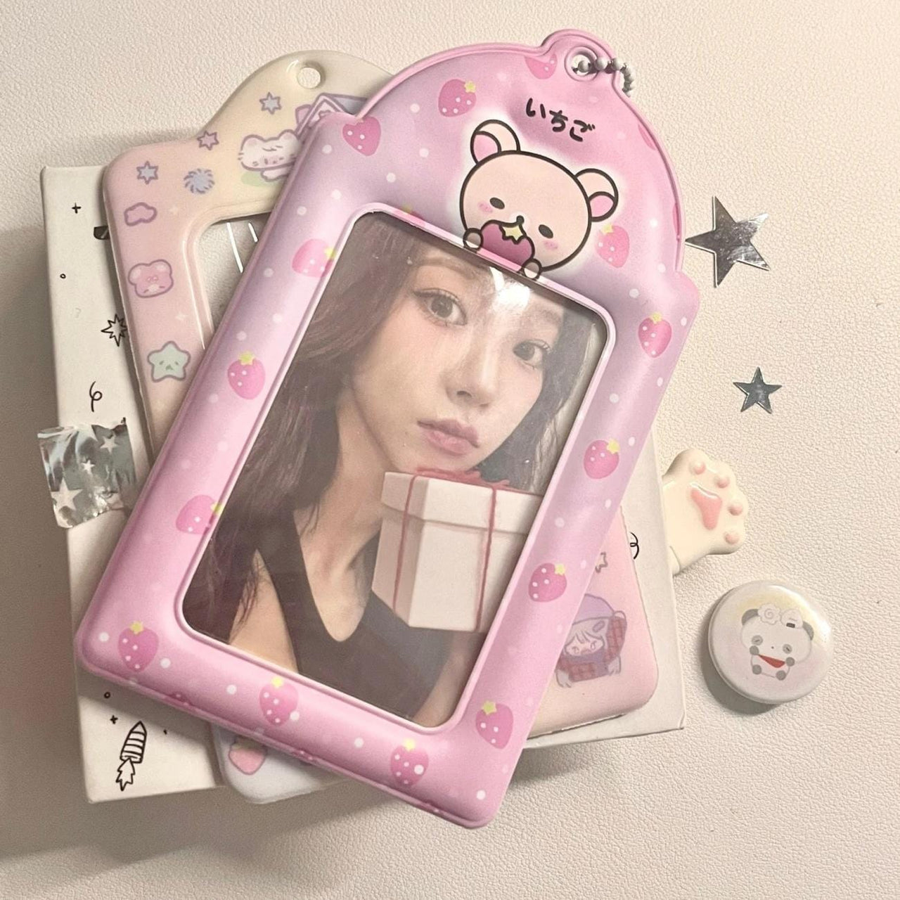 Pink Stawberry Rilakkuma Kpop Keychain Photocard Holder - ArtGalleryZen