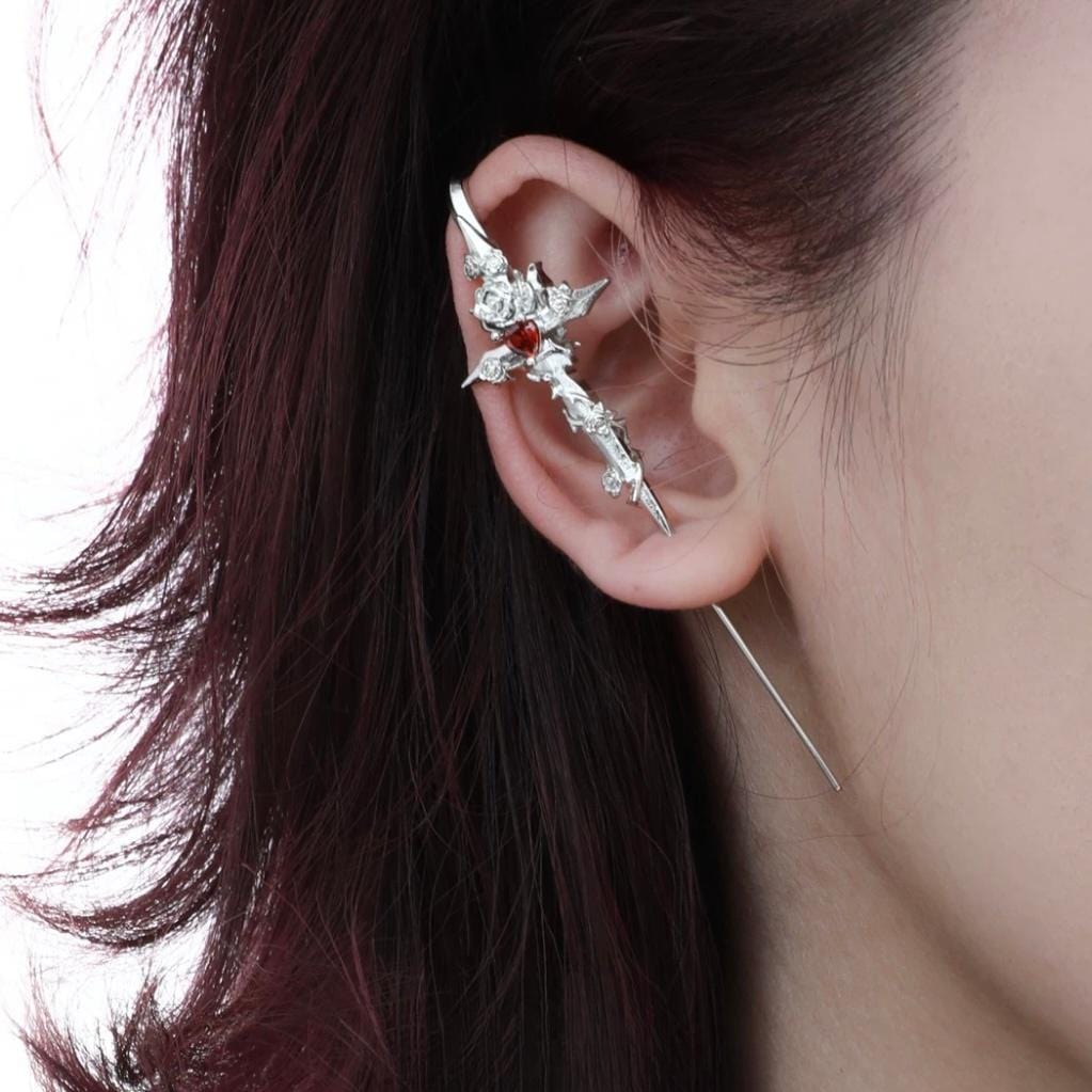 Punk CZ Inlaid Moon Star Rose Hook Needle Piercing Stud Earring - ArtGalleryZen