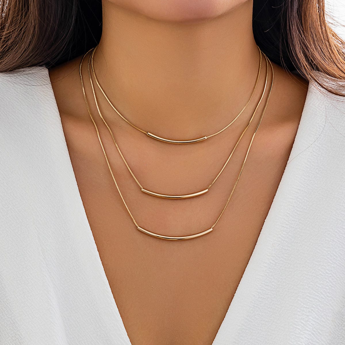 Punk Layered Gold Silver Plated Curved Bar Snake Chain Necklace - ArtGalleryZen