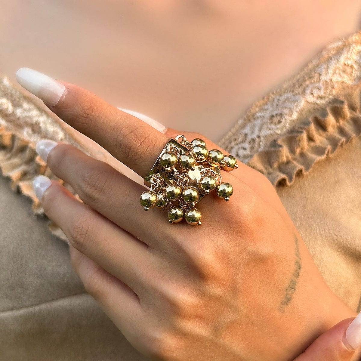 Retro Chunky Tiger Stone Turquoise Pearl Tassel Wide Open Ring - ArtGalleryZen