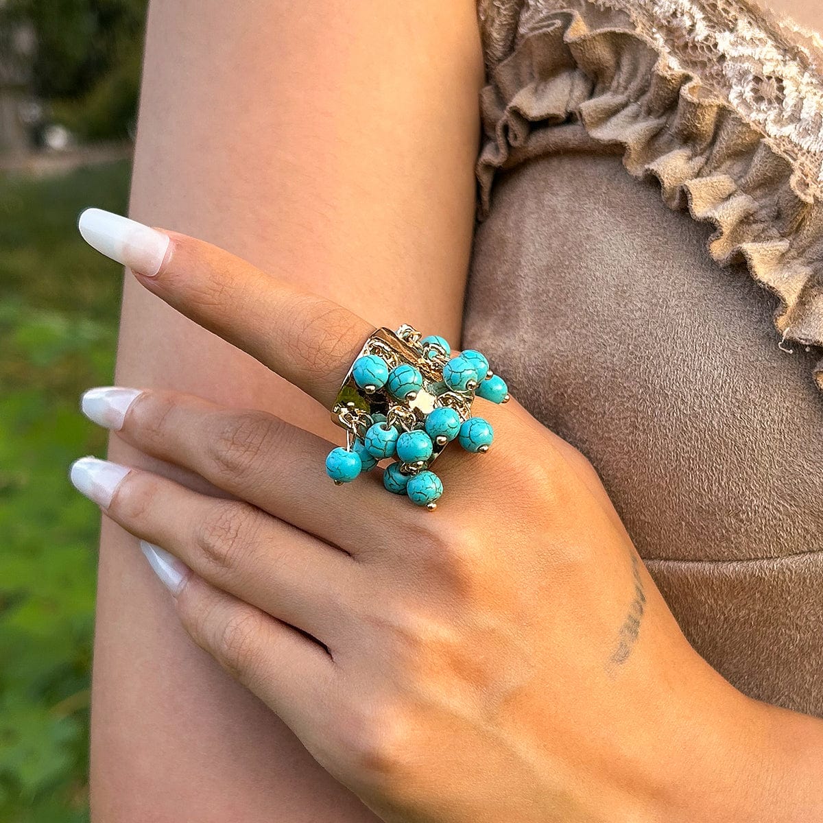 Retro Chunky Tiger Stone Turquoise Pearl Tassel Wide Open Ring - ArtGalleryZen