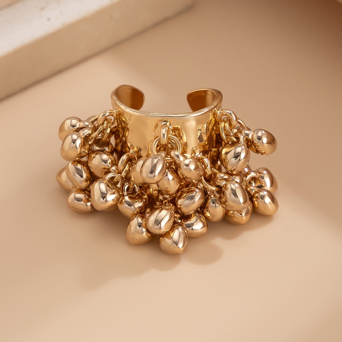 Retro Chunky Tiger Stone Turquoise Pearl Tassel Wide Open Ring - ArtGalleryZen