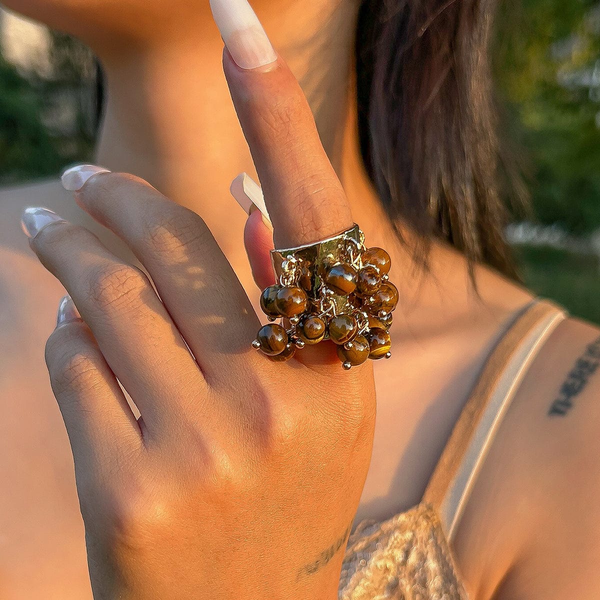 Retro Chunky Tiger Stone Turquoise Pearl Tassel Wide Open Ring - ArtGalleryZen