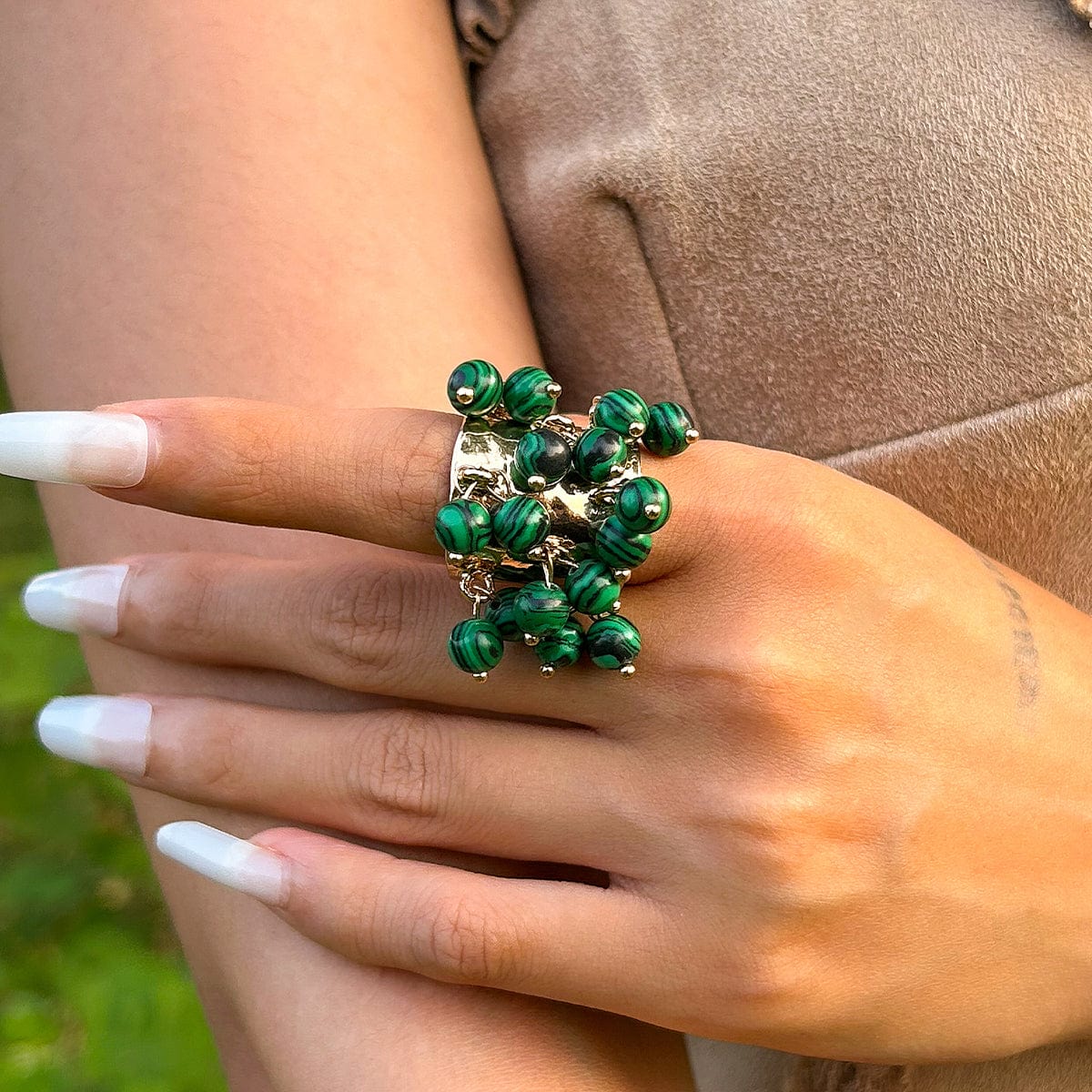 Retro Chunky Tiger Stone Turquoise Pearl Tassel Wide Open Ring - ArtGalleryZen