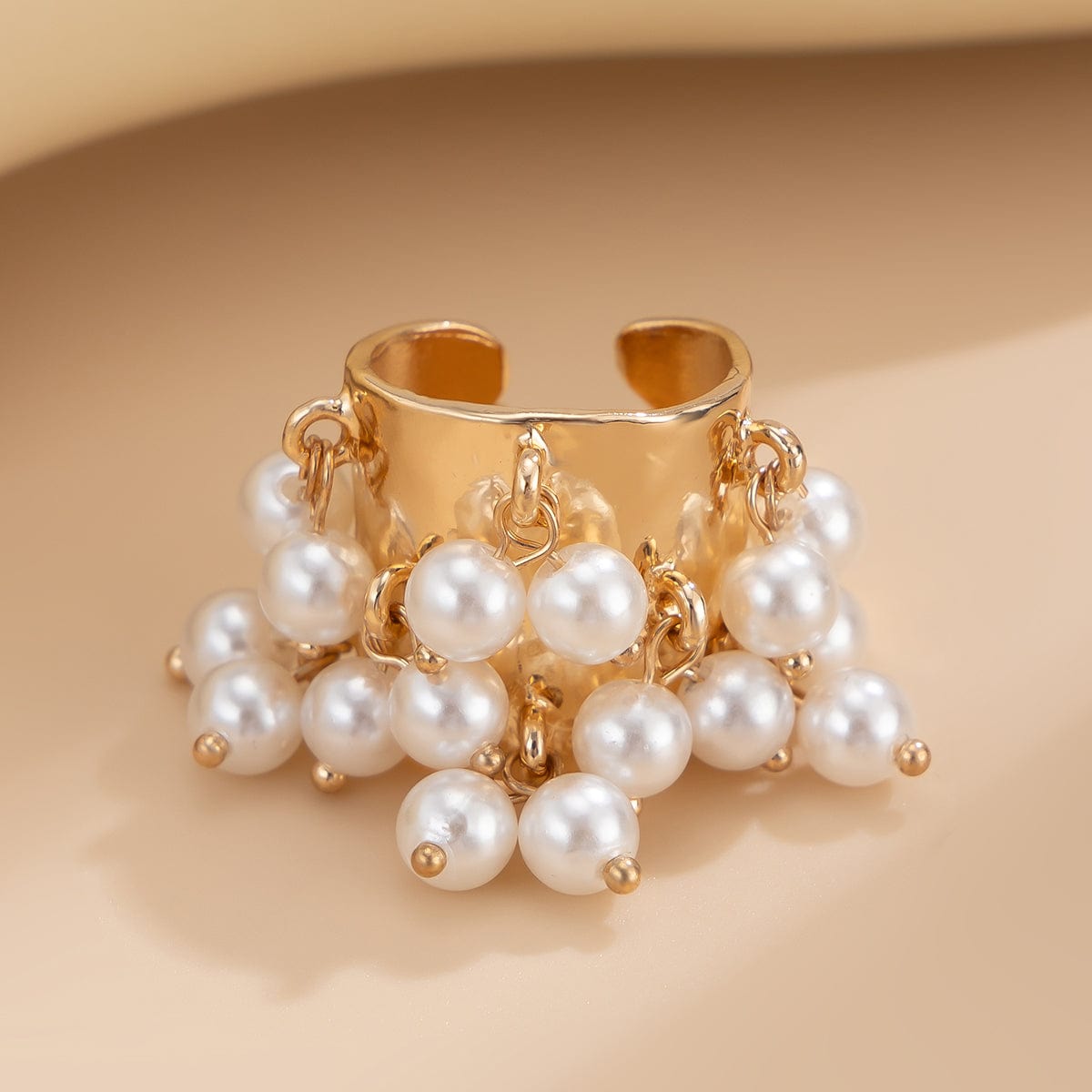 Retro Chunky Tiger Stone Turquoise Pearl Tassel Wide Open Ring - ArtGalleryZen