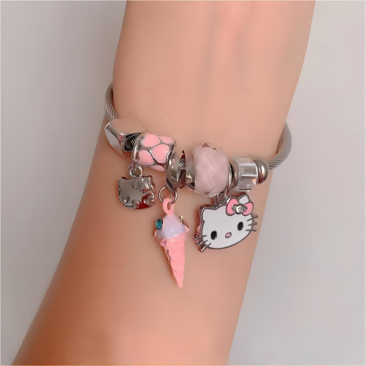 Sanrio CZ Inlaid Stainless Steel Hello Kitty Bangle Bracelet - ArtGalleryZen