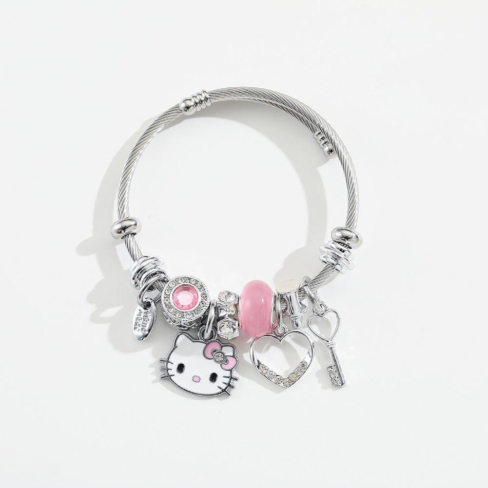 Sanrio CZ Inlaid Stainless Steel Hello Kitty Bangle Bracelet - Pink + Key Heart