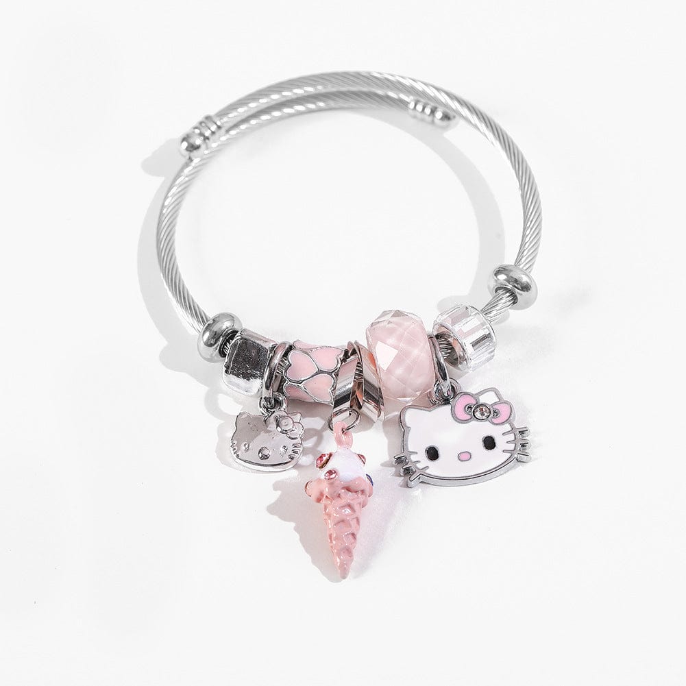 Sanrio CZ Inlaid Stainless Steel Hello Kitty Bangle Bracelet - Pink + Ice Cream