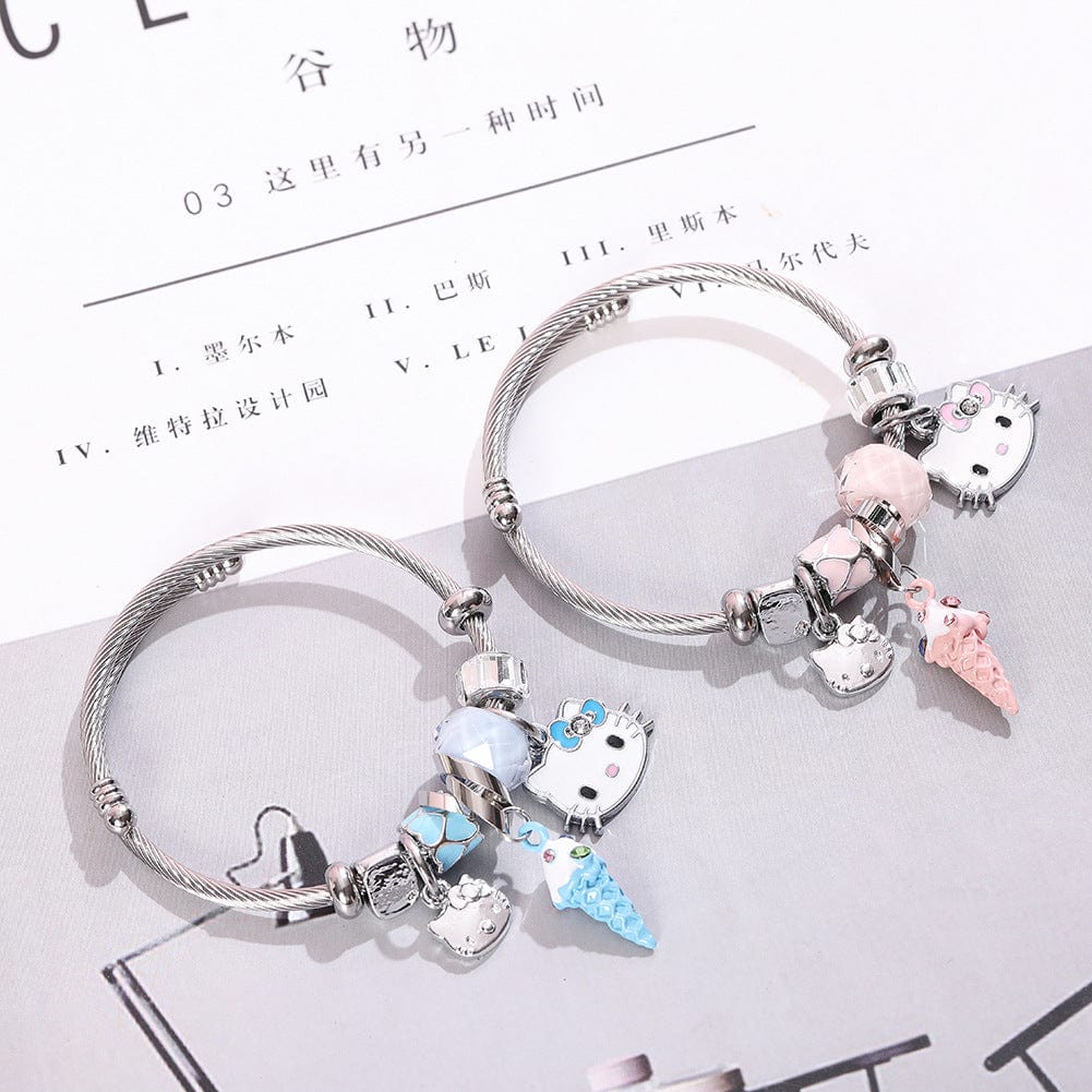 Sanrio CZ Inlaid Stainless Steel Hello Kitty Bangle Bracelet - Blue + Ice Cream