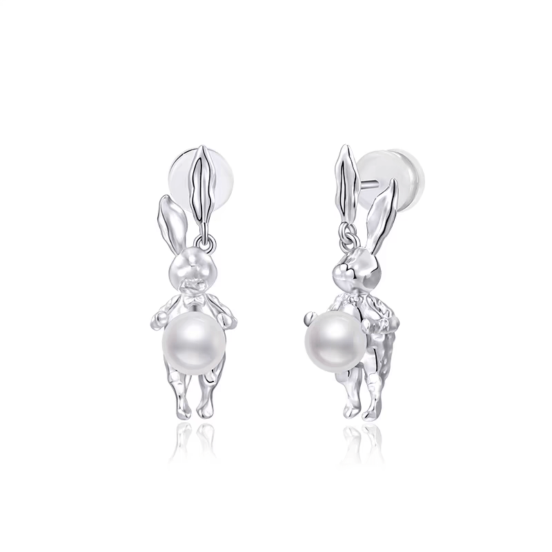 Silver Moon Light Rabbit Pearl Earrings - ArtGalleryZen