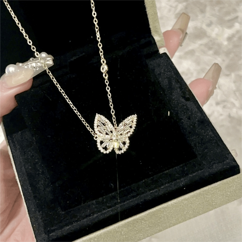 Sparkling Crystal Rhinestone Inlaid Hollow Butterfly Necklace - ArtGalleryZen