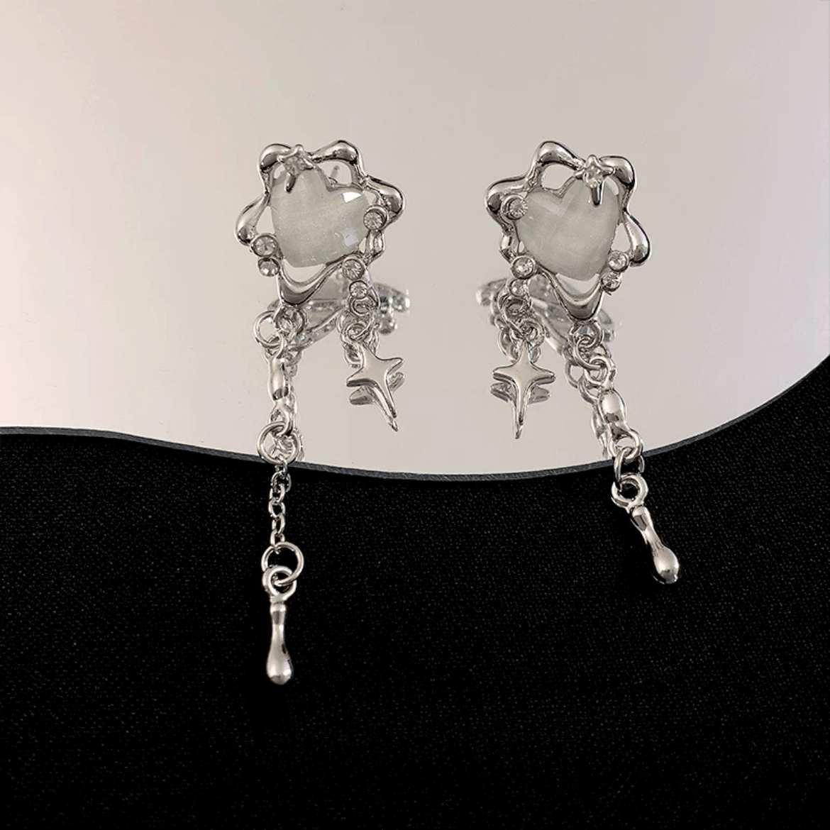 Sparkling Irregular Heart Star Tassel Chain Earrings - ArtGalleryZen