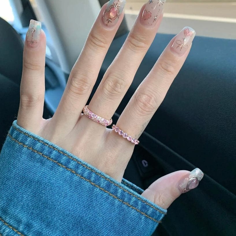 Sparkling Pink CZ Inlaid Rose Gold Plated Stackable Ring Set - ArtGalleryZen