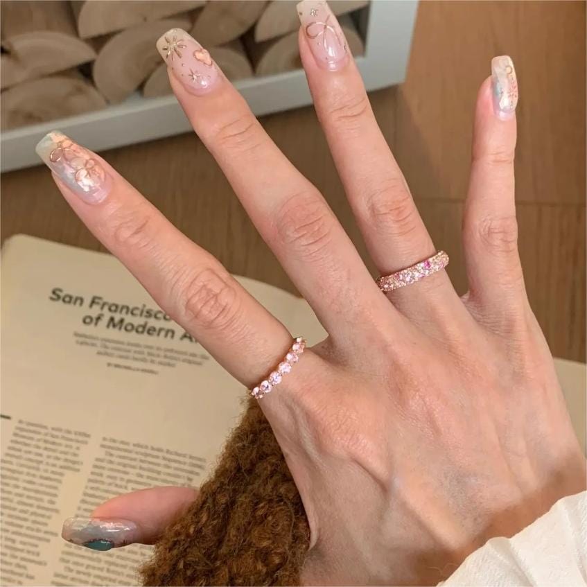 Sparkling Pink CZ Inlaid Rose Gold Plated Stackable Ring Set - ArtGalleryZen