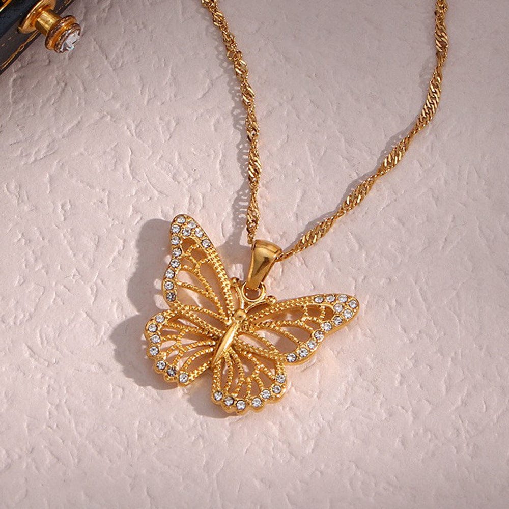 Stainless Steel CZ Inlaid Gold Filled Hollowed-out Butterfly Necklace - ArtGalleryZen